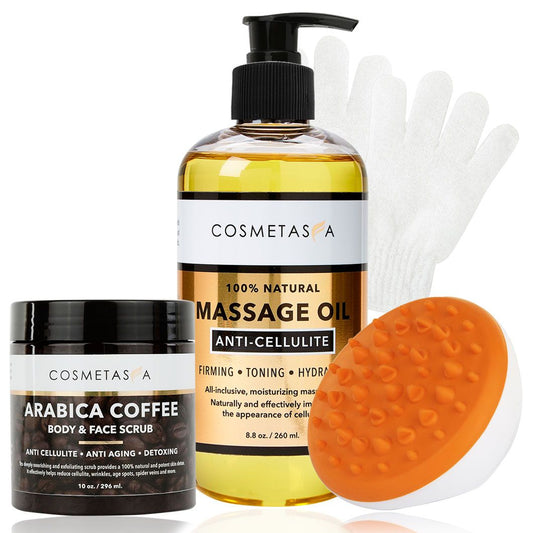 Anti-Cellulite Massage Oil, Coffee Scrub, Massager & Glove